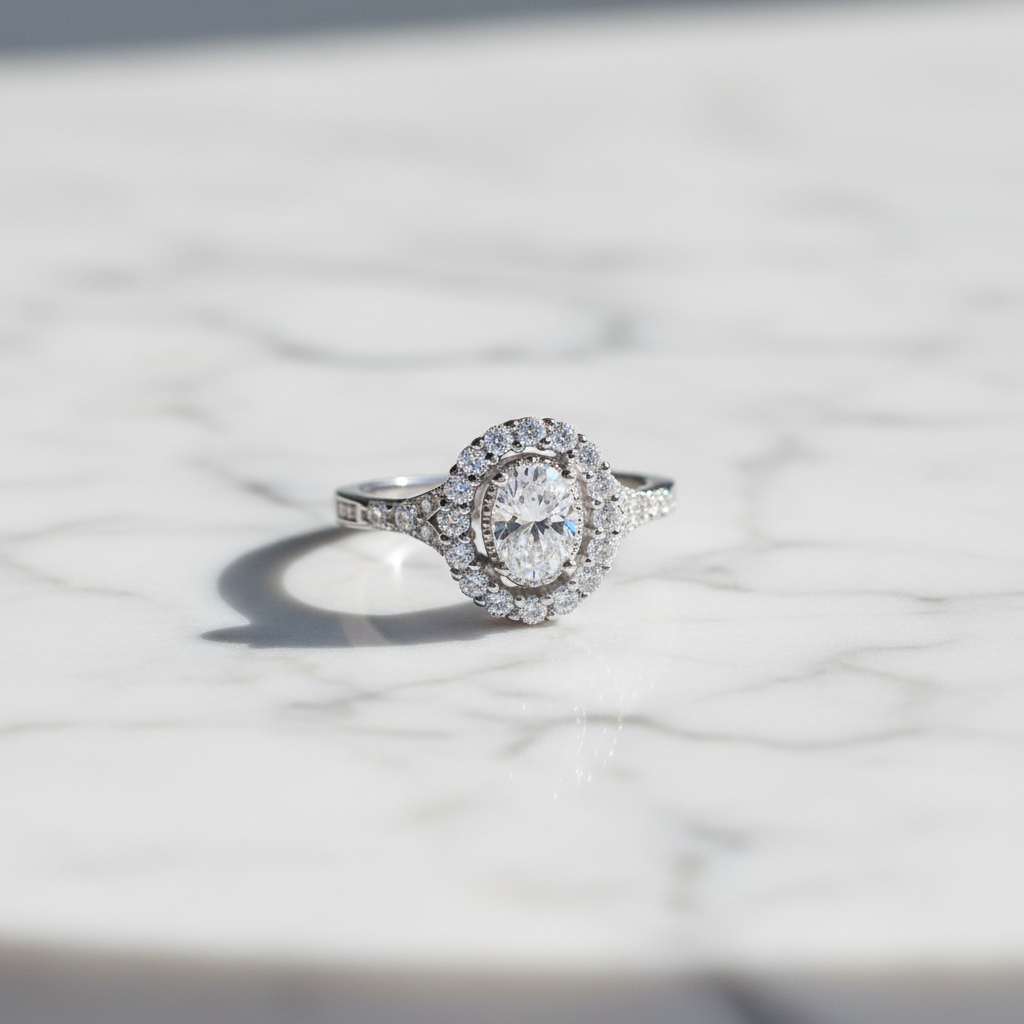 Ohope halo ring featuring a large oval-cut center diamond surrounded by a double halo of smaller round diamonds, with a pavé-set band. The inside of the band is marked S925.